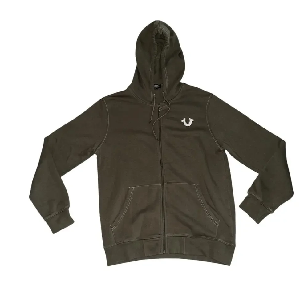 True Religion Budda Logo Seal Full Zip Hoodie Olive Green Stretch Size Large